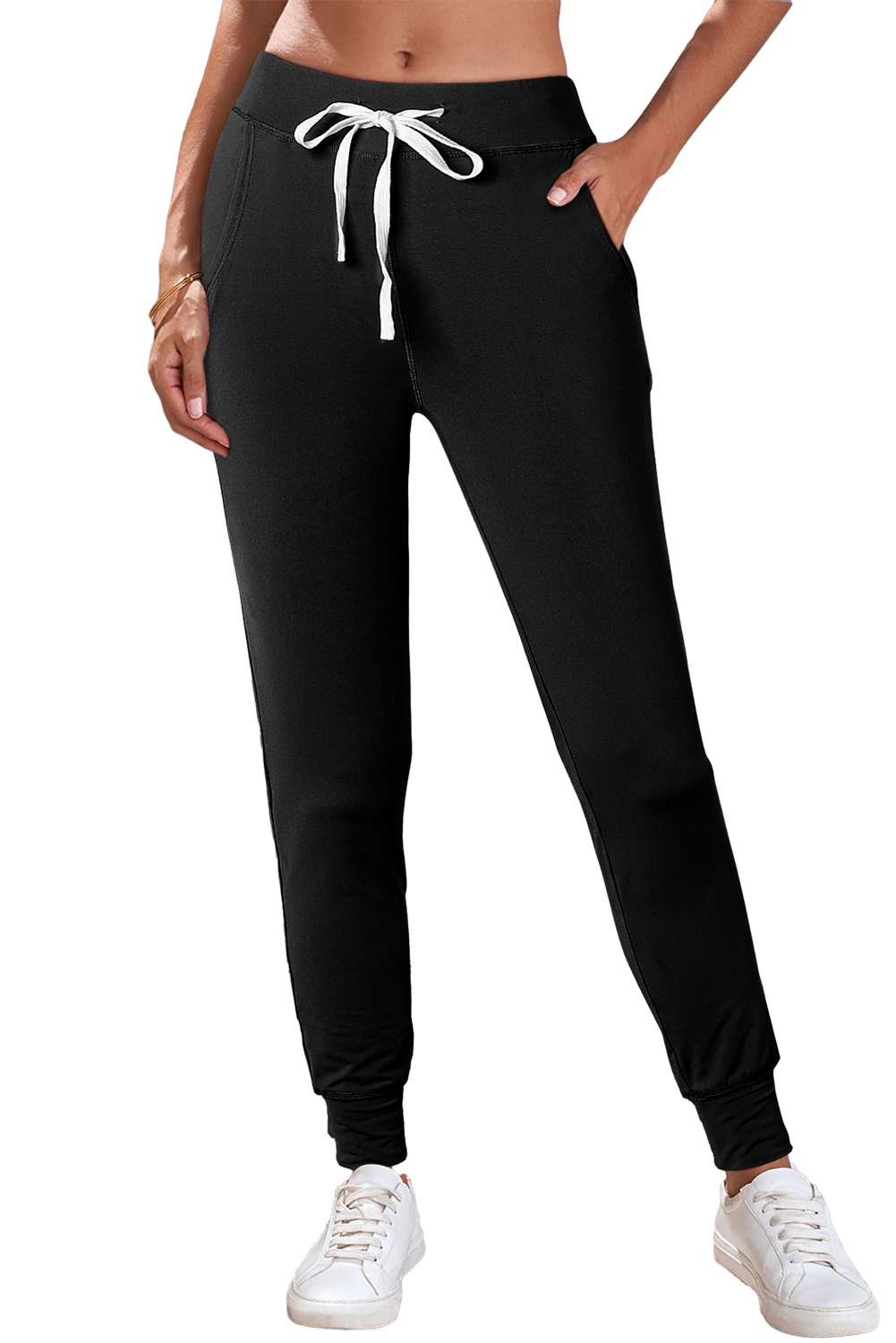 Black Drawstring Elastic Waistband Pocketed Joggers view 10