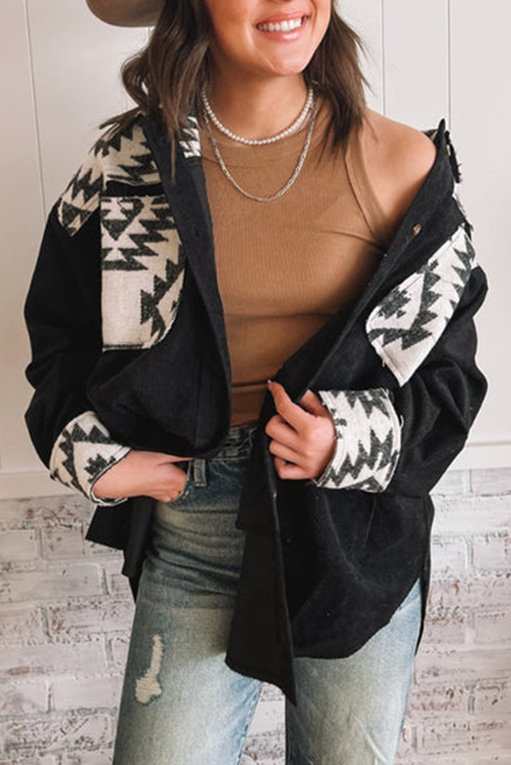 Gray Western Aztec Print Color Block Patchwork Drawstring Hooded Shacket