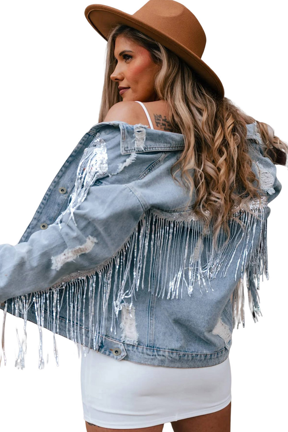 Sky Blue Sequin Embellished Fringe Distressed Denim Jacket view 29