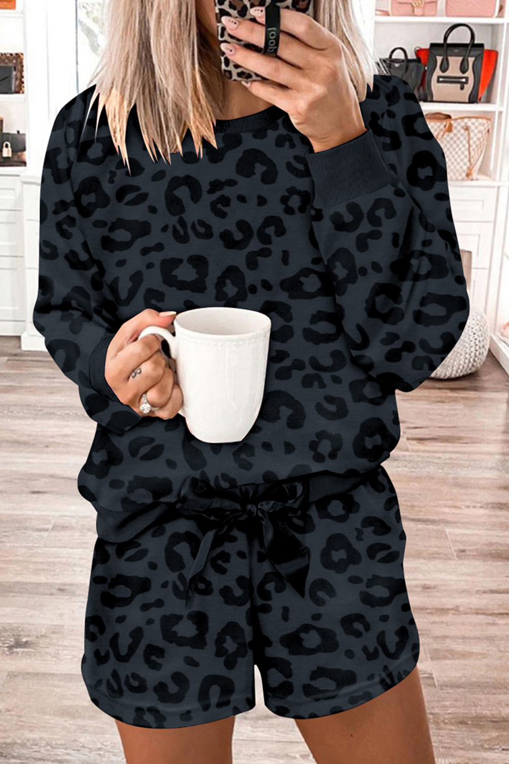 $ 13.5 - Gray Printed Leopard Long Sleeve Satin Tie Shorts Two Piece ...