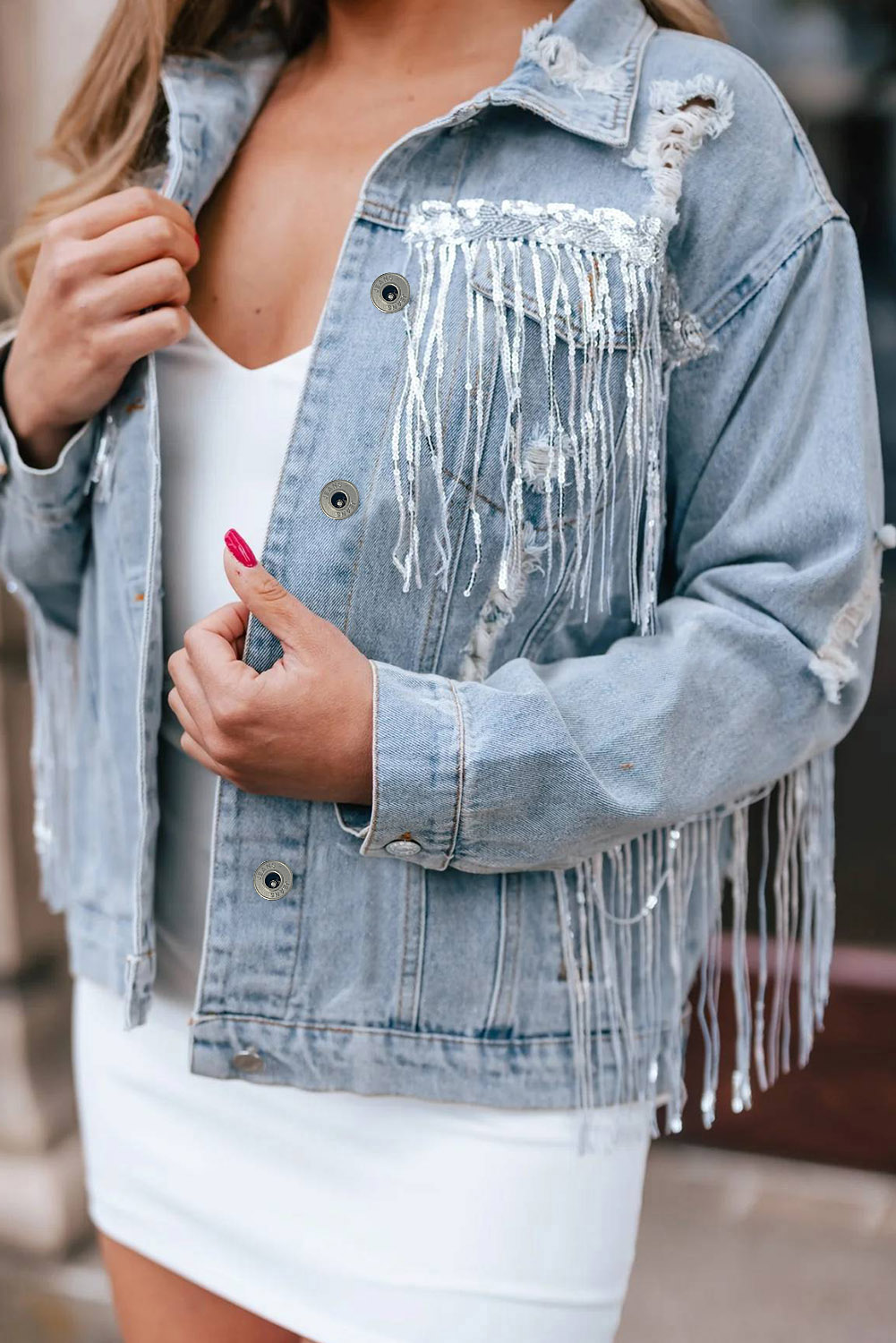 Sky Blue Sequin Embellished Fringe Distressed Denim Jacket view 6
