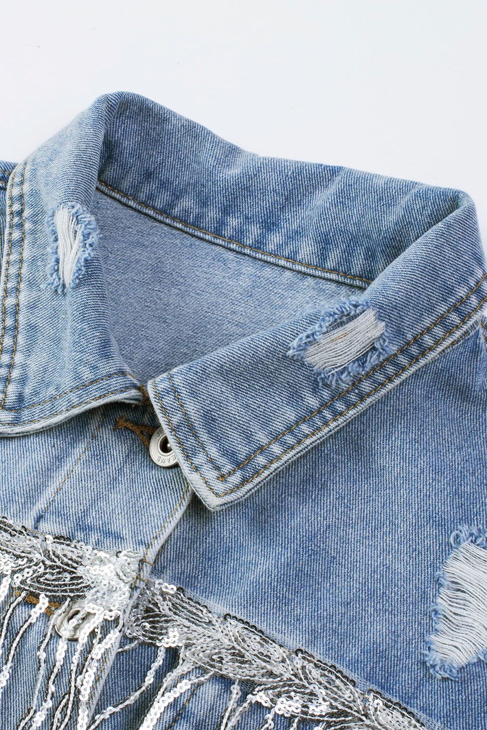 Sky Blue Sequin Embellished Fringe Distressed Denim Jacket view 17