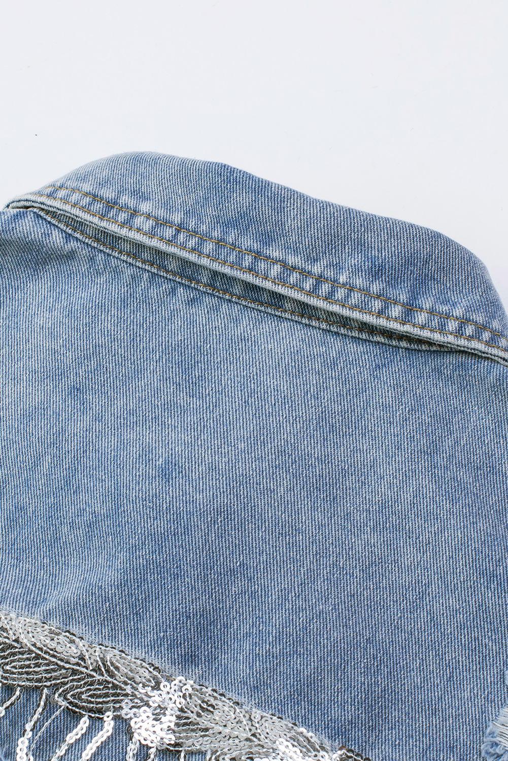 Sky Blue Sequin Embellished Fringe Distressed Denim Jacket view 21