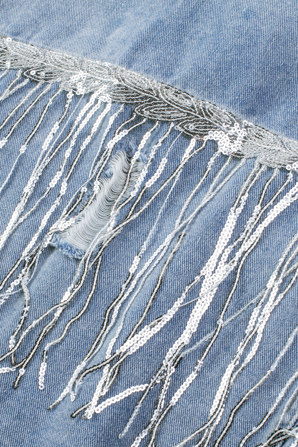 Sky Blue Sequin Embellished Fringe Distressed Denim Jacket view 22