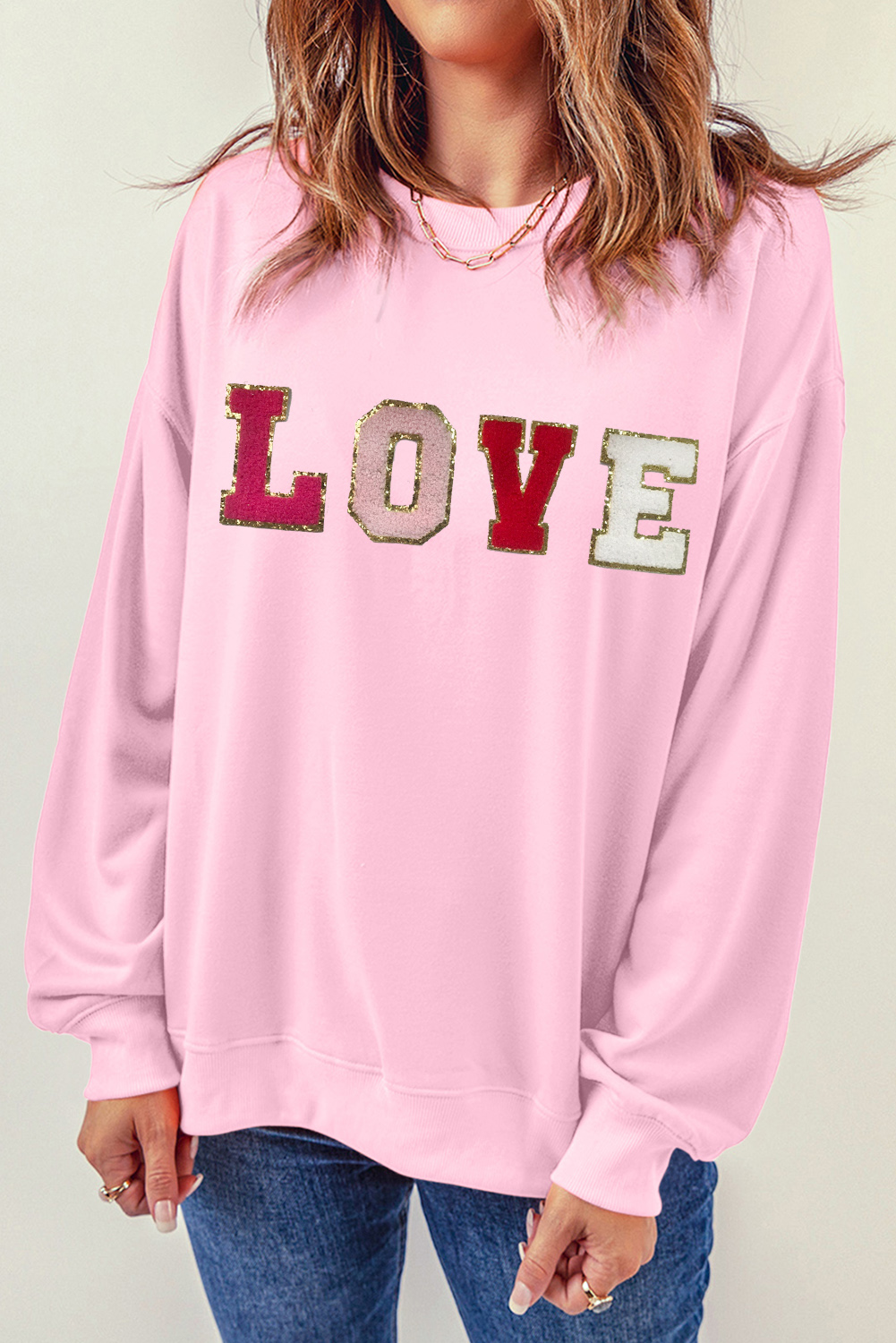 Pink Valentine LOVE Chenille Embroidered Sweatshirt