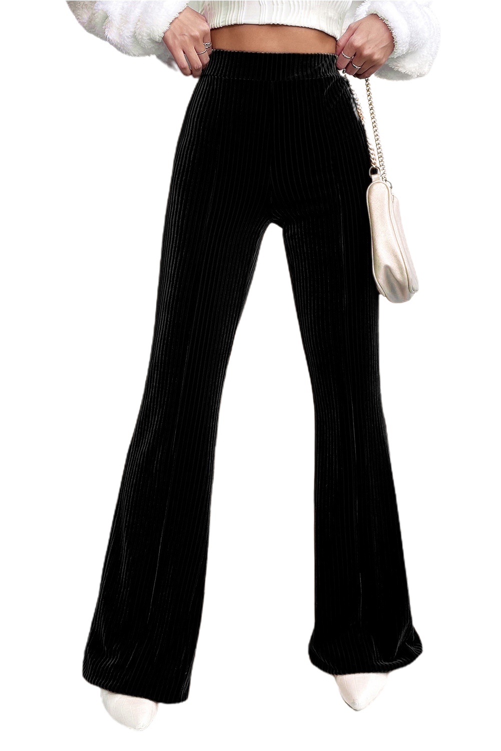 Black Solid Color High Waist Flare Corduroy Pants view 10