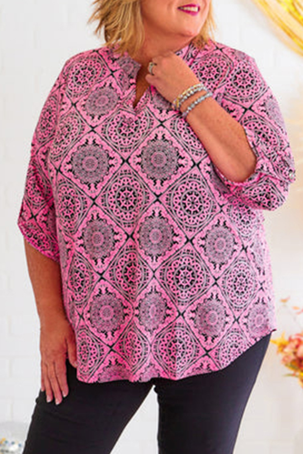  8.25 Pink Printed Plus Size Paisley Print V Neck Roll Tab Sleeve