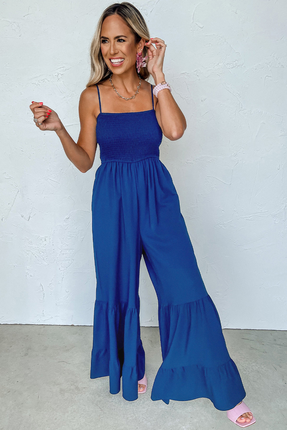 $ 15.14 - Navy Blue Spaghetti Straps Smocked Ruffled Wide Leg Jumpsuit ...