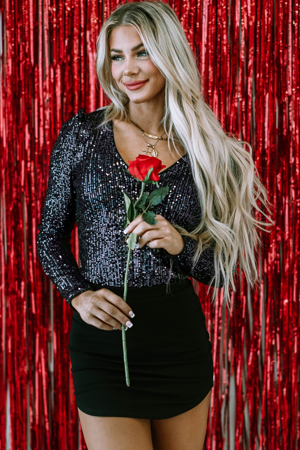 Black Sequin V Neck Zipped Long Sleeve Bodysuit view 12