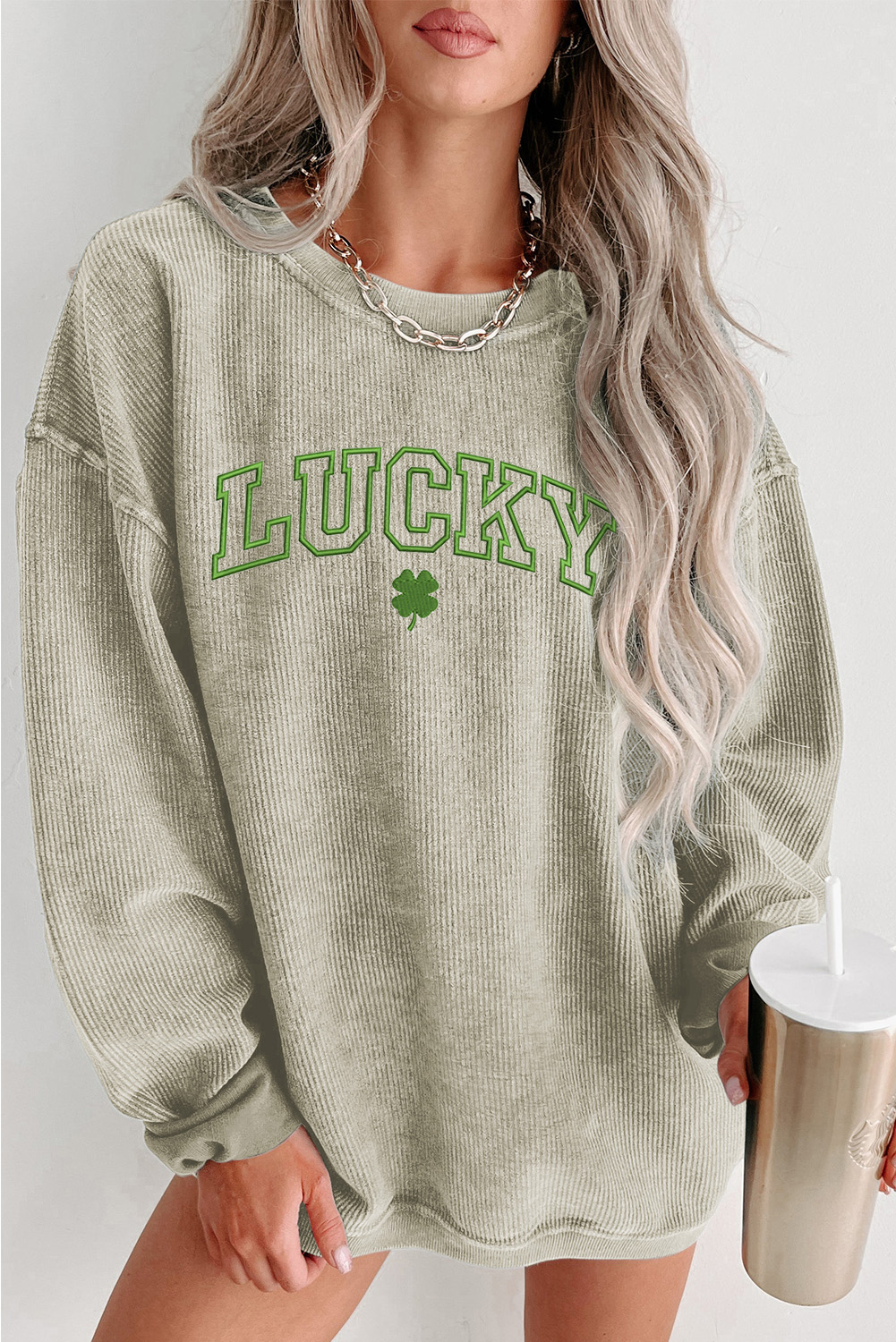 Lucky Clover Round Neck Dropped Shoulder Sweatshirt