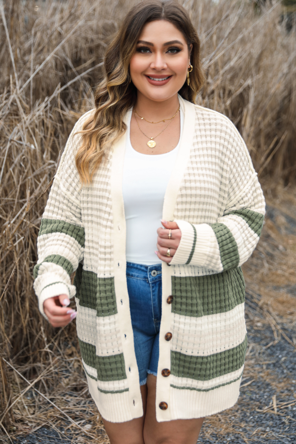 18 18 White Plus Size Color Block Cable Knit Buttoned Cardigan Ds