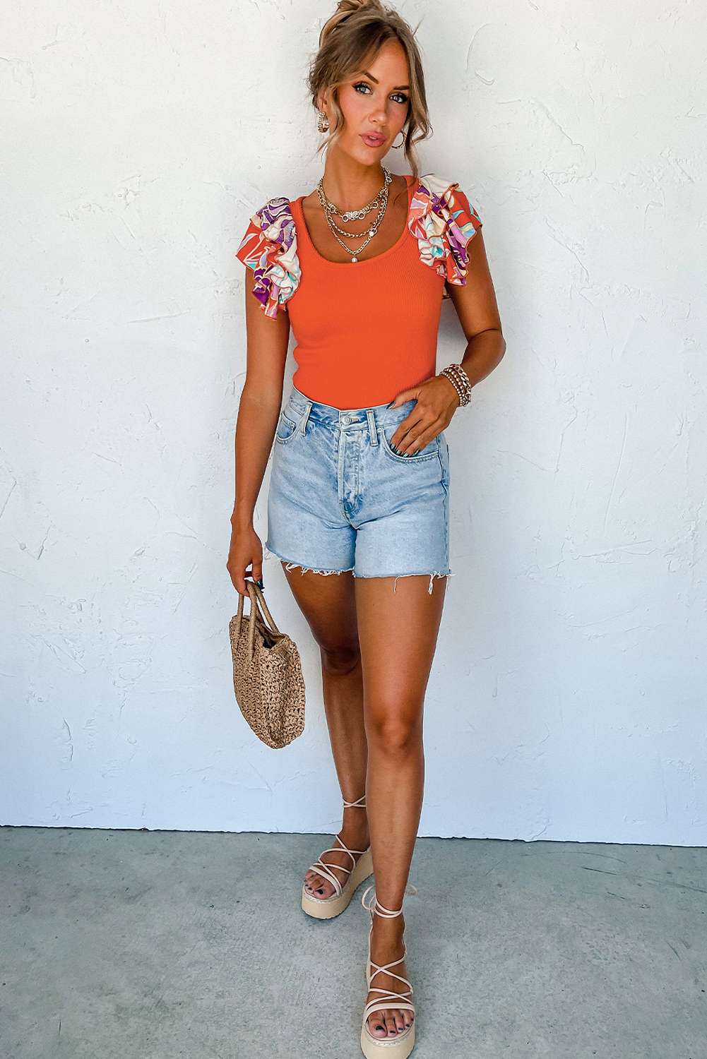 Orange Ribbed Knit Tiered Ruffled Sleeve Bodysuit view 4