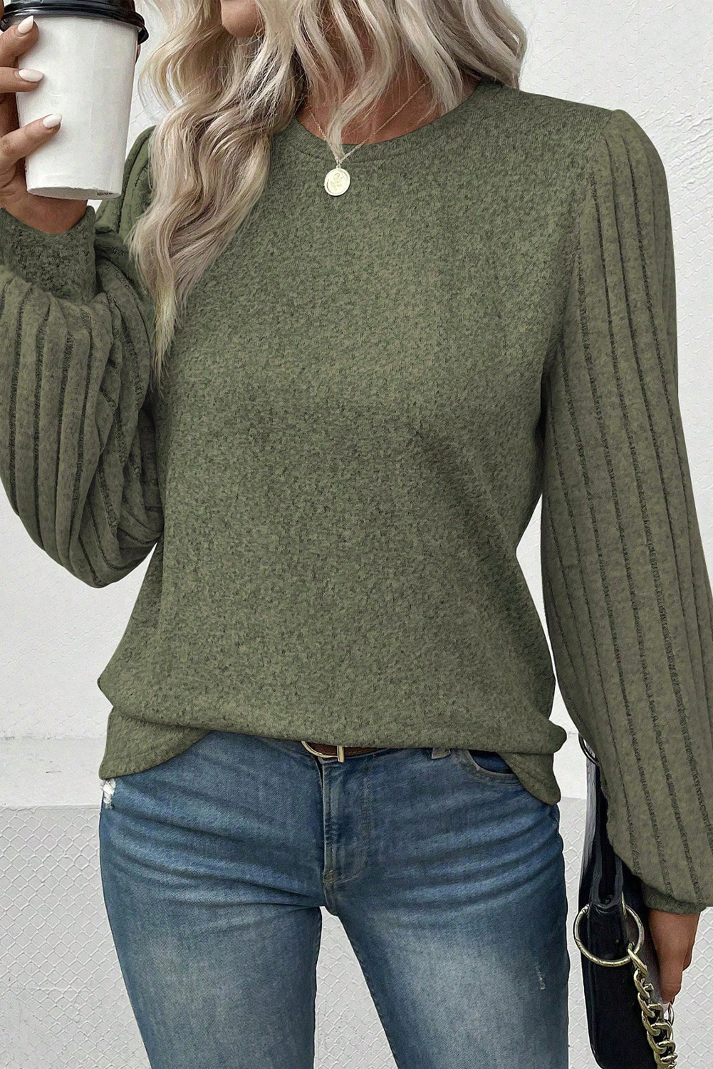 $ 5.66 - Jungle Green Contrast Ribbed Bishop Sleeve Top - ds.dear-lover.com