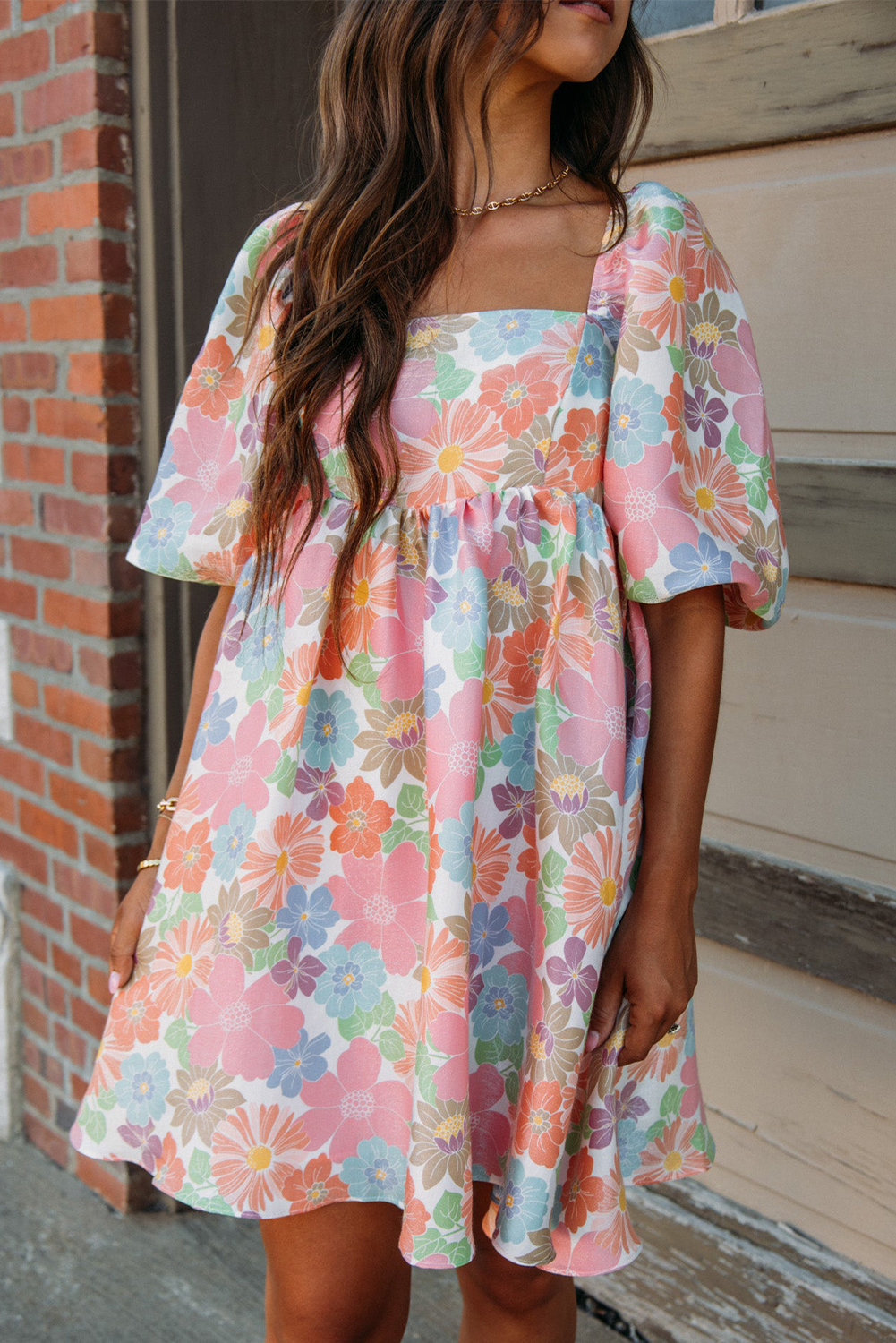 $ 14.21 - Pink Summer Floral Square Neck Puff Sleeve Babydoll Dress - ds.dear-lover.com
