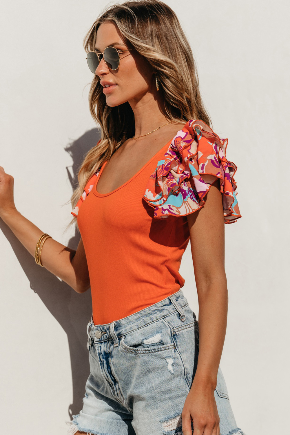 Orange Ribbed Knit Tiered Ruffled Sleeve Bodysuit view 8