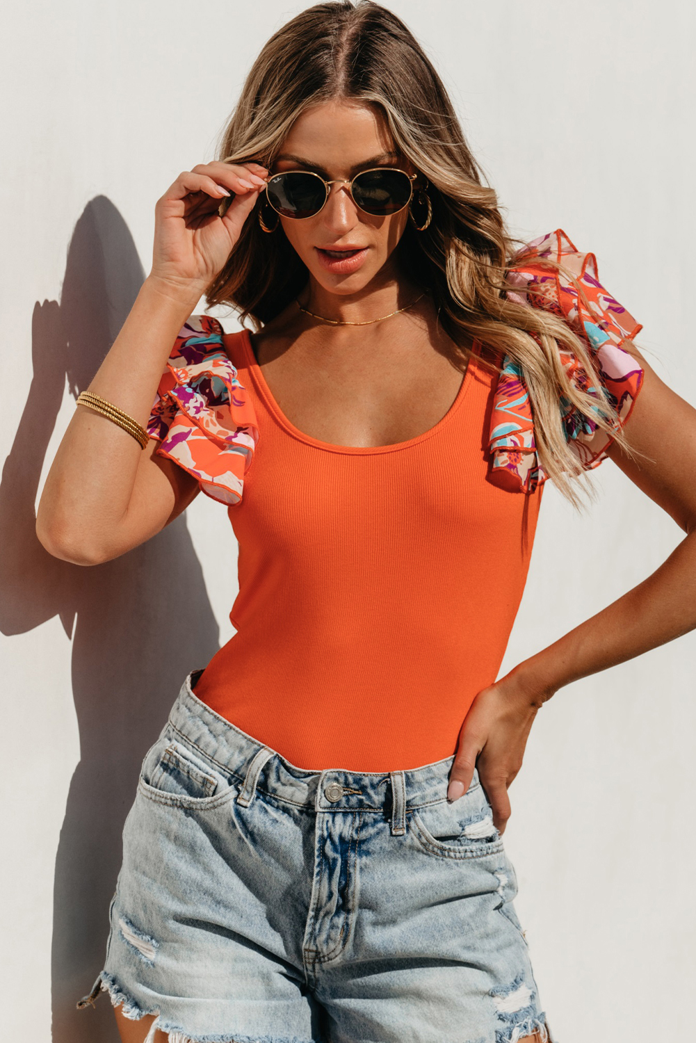 Orange Ribbed Knit Tiered Ruffled Sleeve Bodysuit view 10