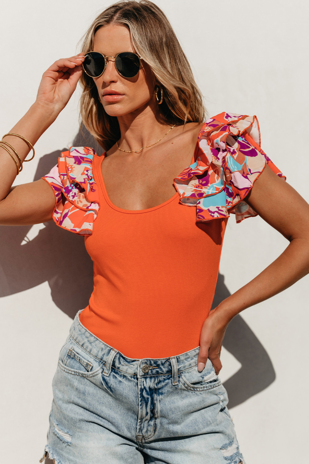 Orange Ribbed Knit Tiered Ruffled Sleeve Bodysuit view 9