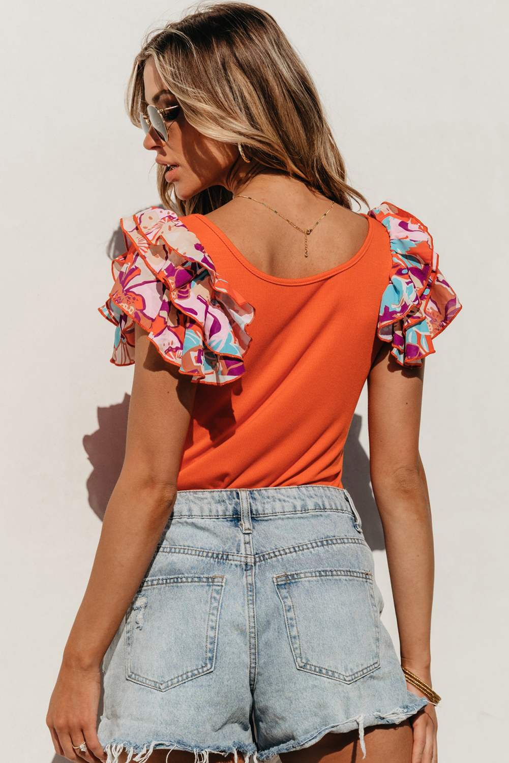 Orange Ribbed Knit Tiered Ruffled Sleeve Bodysuit view 7