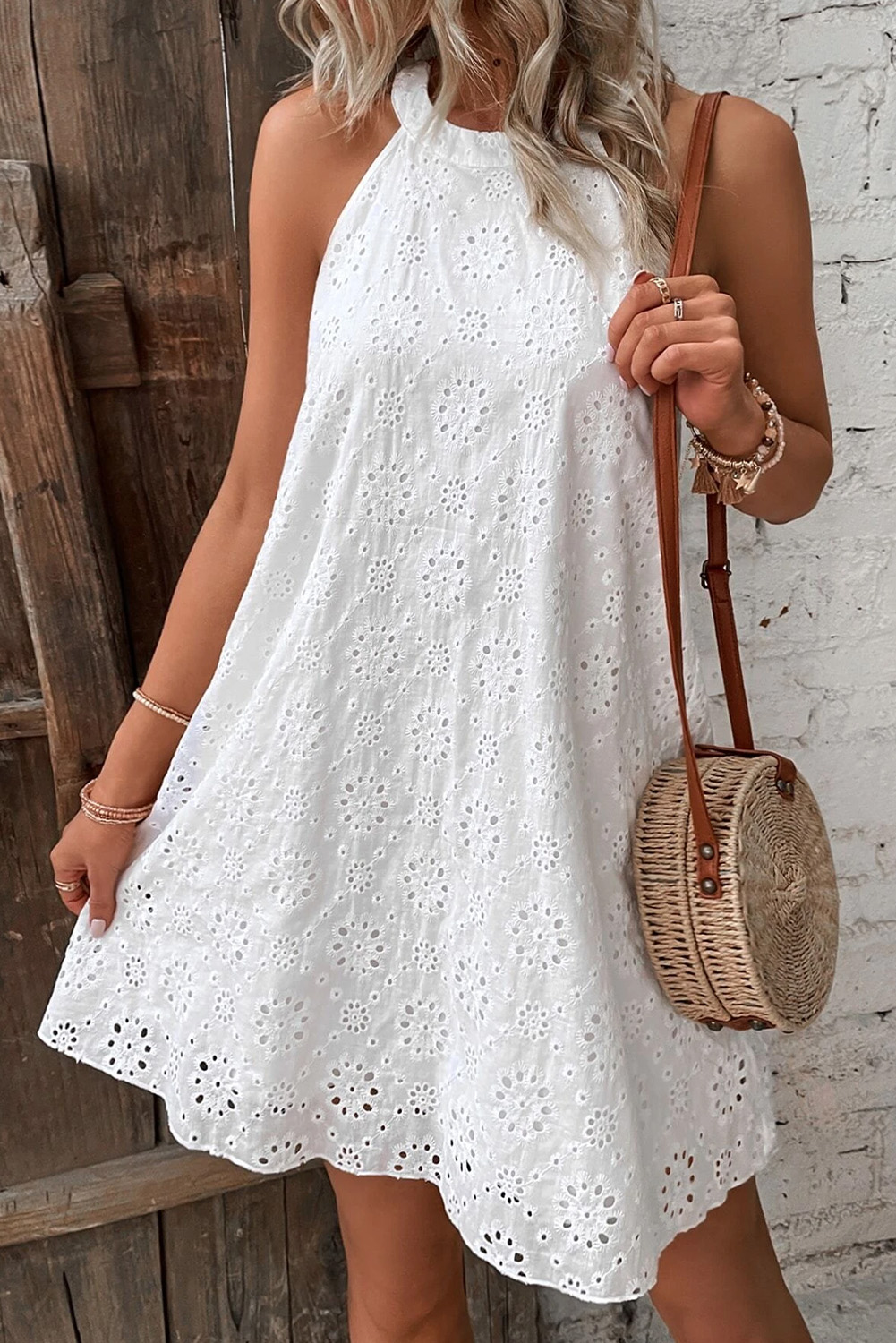 12.36 White Boho Eyelet Pattern Halter Neck Sleeveless Dress ds