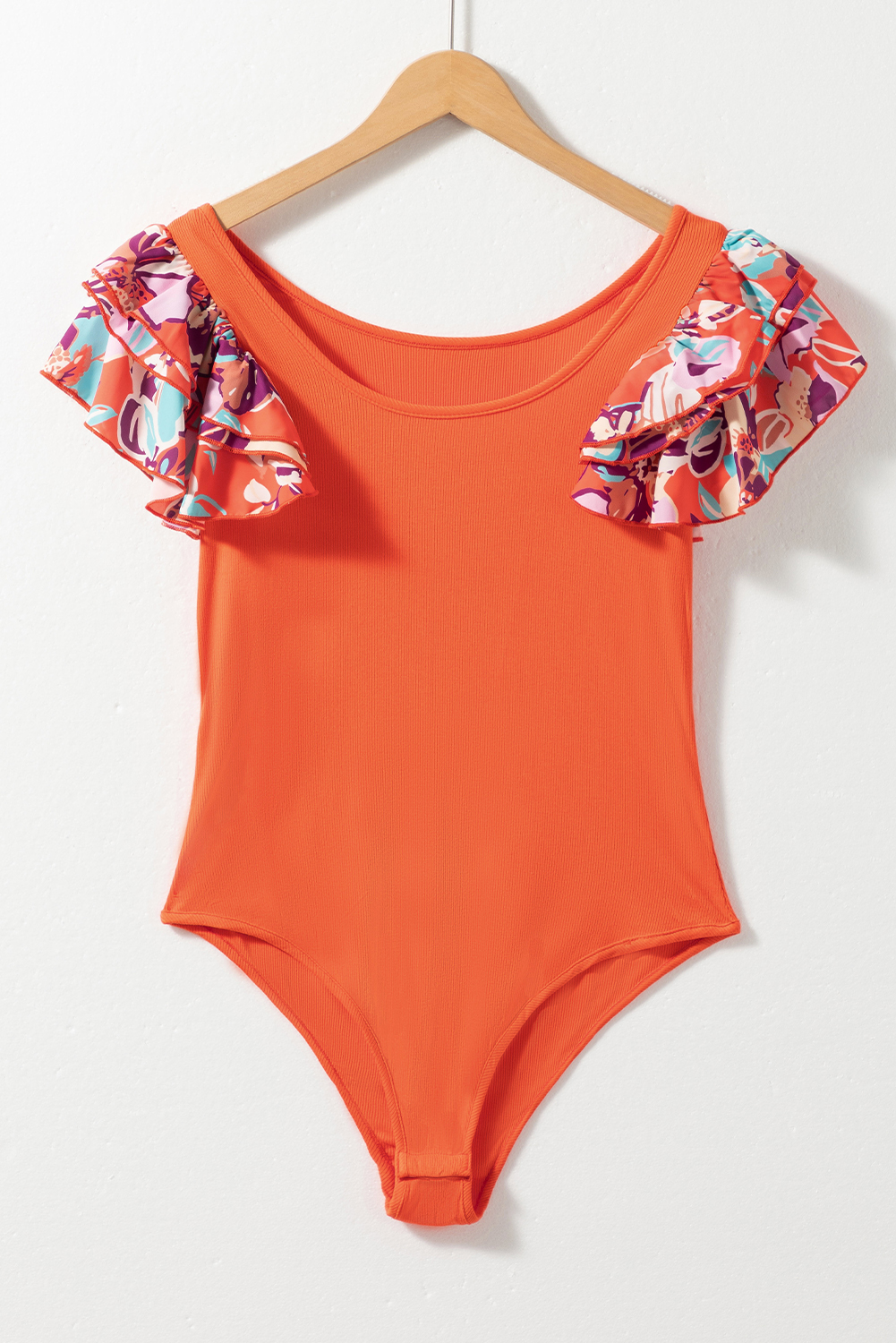 Orange Ribbed Knit Tiered Ruffled Sleeve Bodysuit view 14