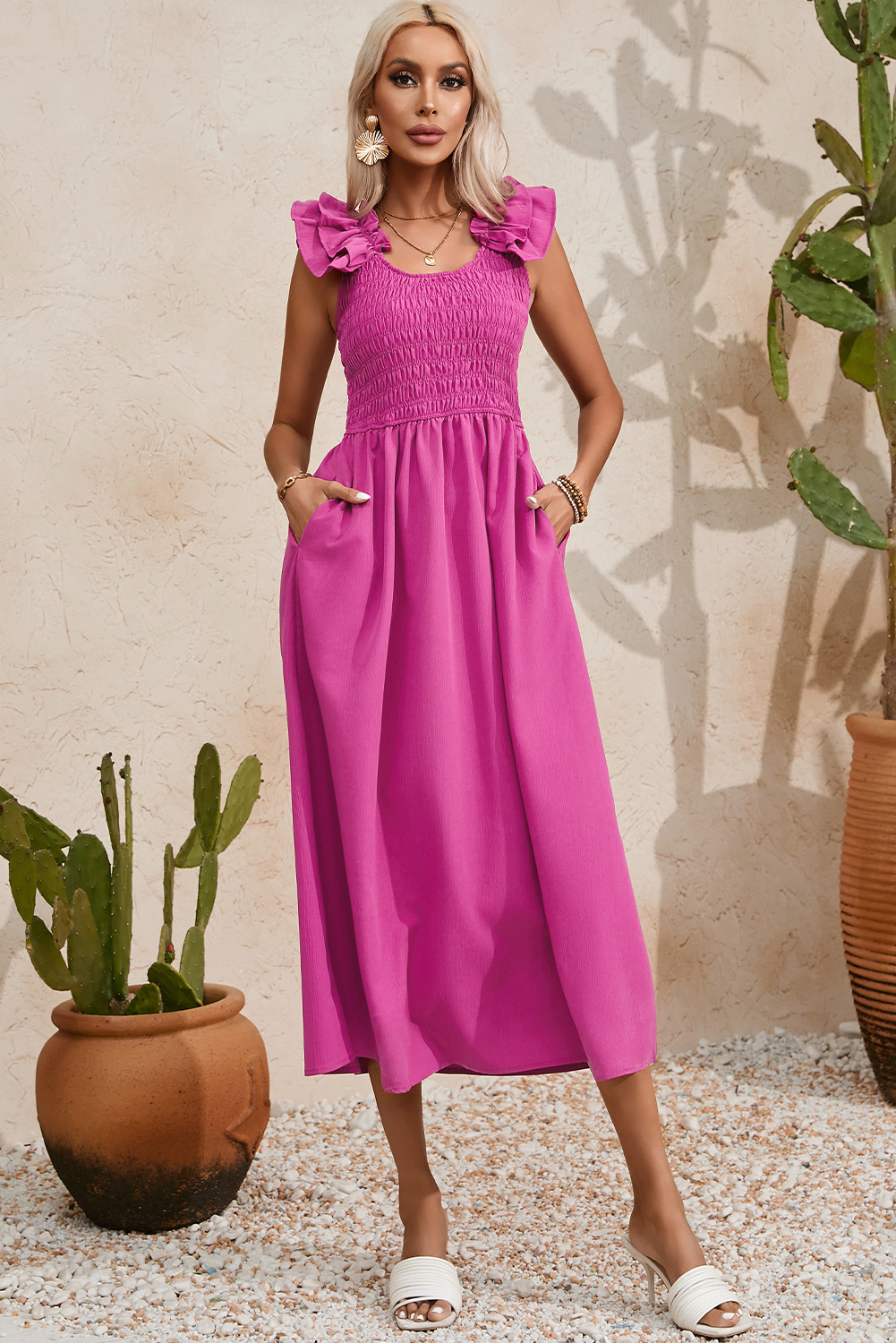 16 56 Rose Red Solid Color Ruffled Straps Smocked Ruched Maxi Dress