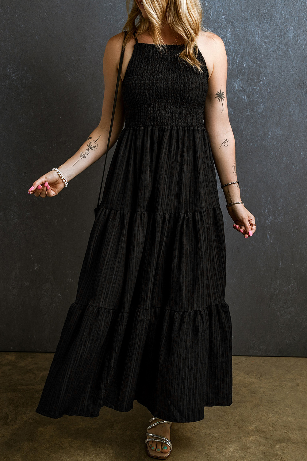 Black Smocked Tiered Strapless Maxi Dress