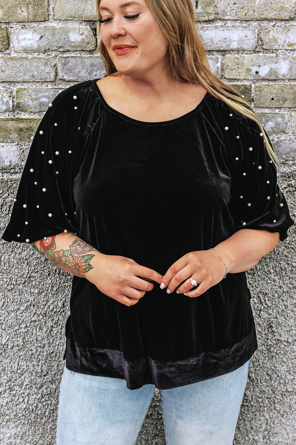 Women Black Puff Sleeve Top With Pearl Button