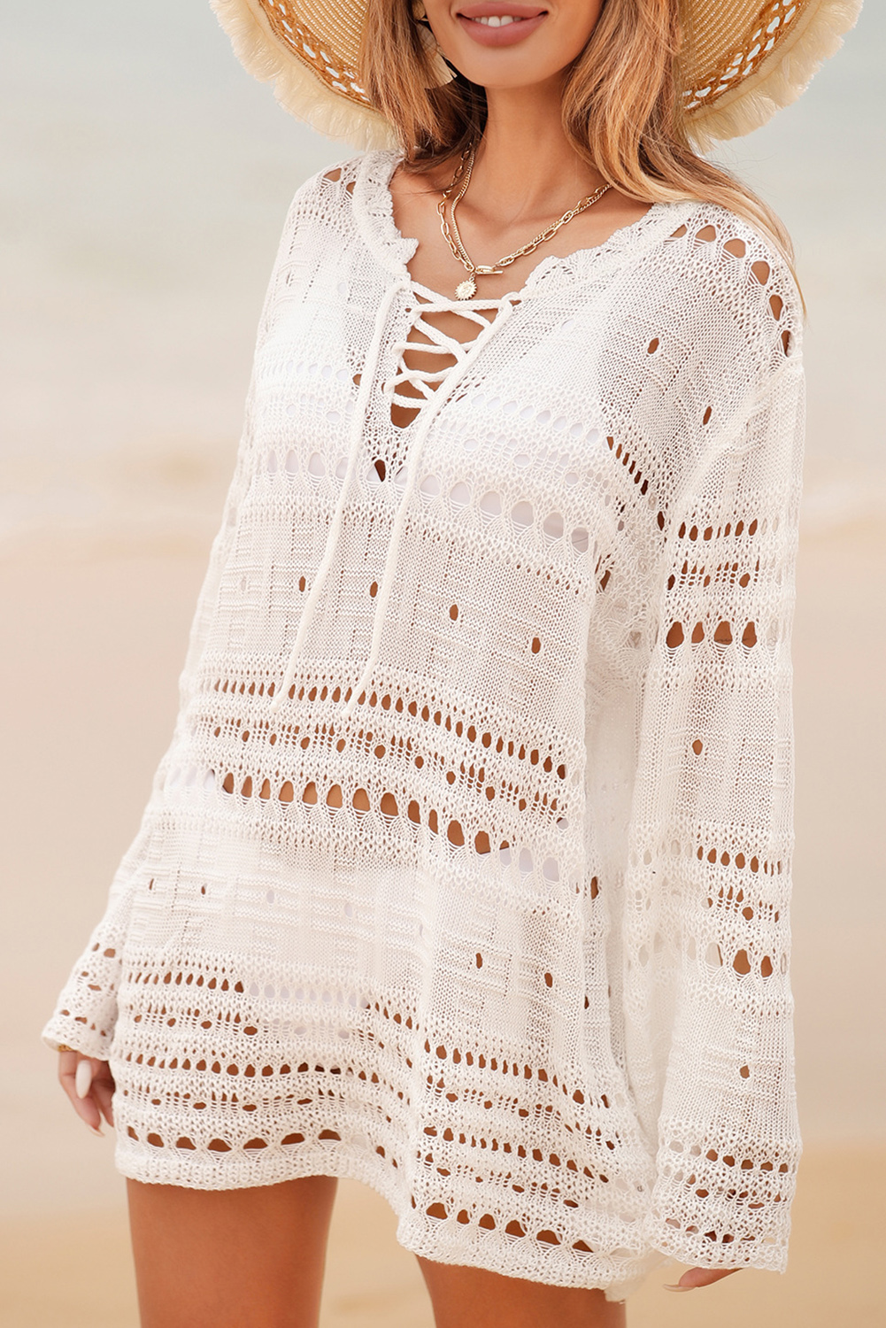 Lace Round Neck Half Sleeve Cover-Up