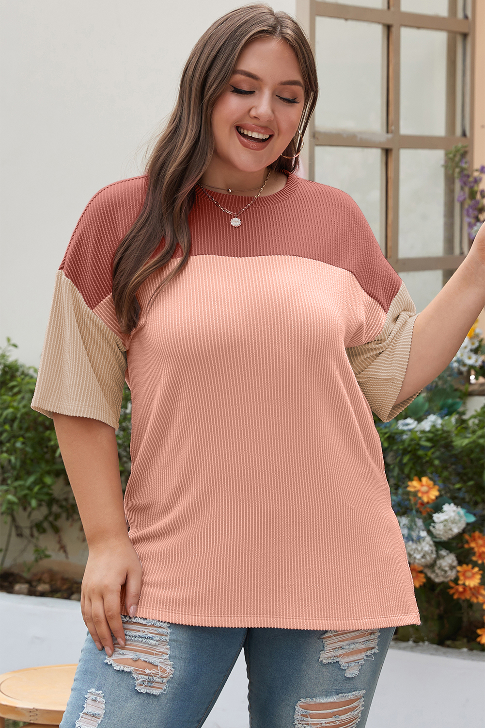 Pre-Order Pink Plus Size Mix Floral Patched Sleeve Ribbed Trim Baggy Sweatshirt main image 0