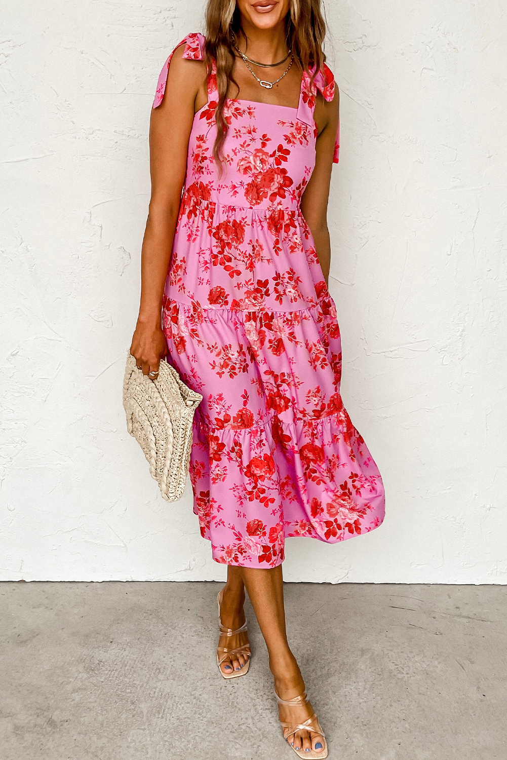 $ 15.81 - Pink Tie Shoulder Straps Tiered Floral Dress - ds.dear-lover.com