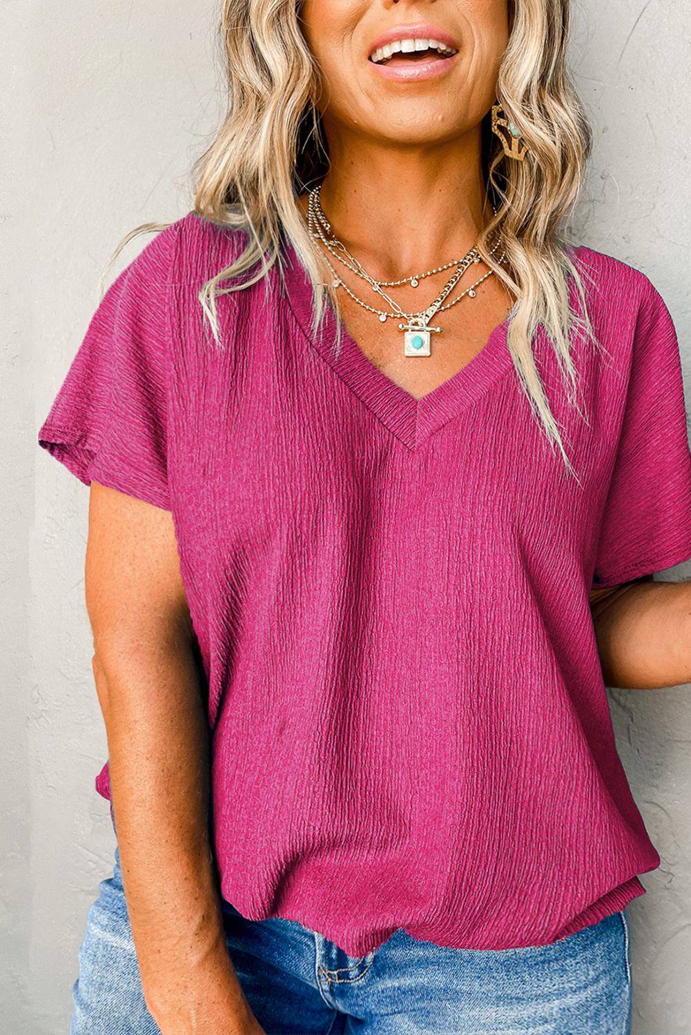 $ 5.09 - Bright Pink Textured V Neck Bubble Hem Plus Top - ds.dear ...