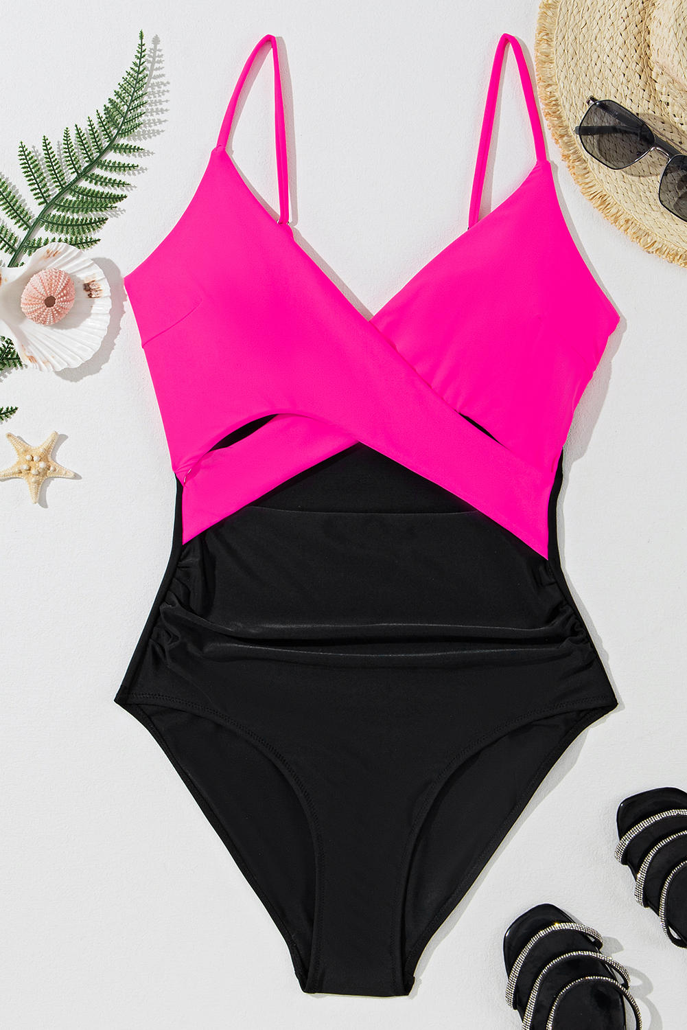Rose Red Crossover Colorblock Cutout One Piece Swimsuit view 16