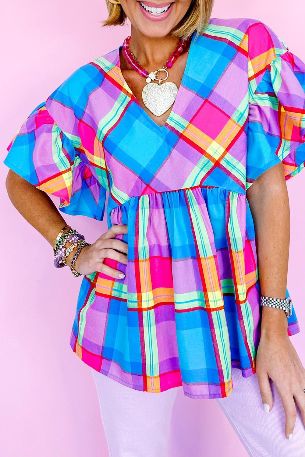 $ 8.28 - Sky Blue Colorful Plaid V Neck Ruffled Short Sleeve Babydoll ...