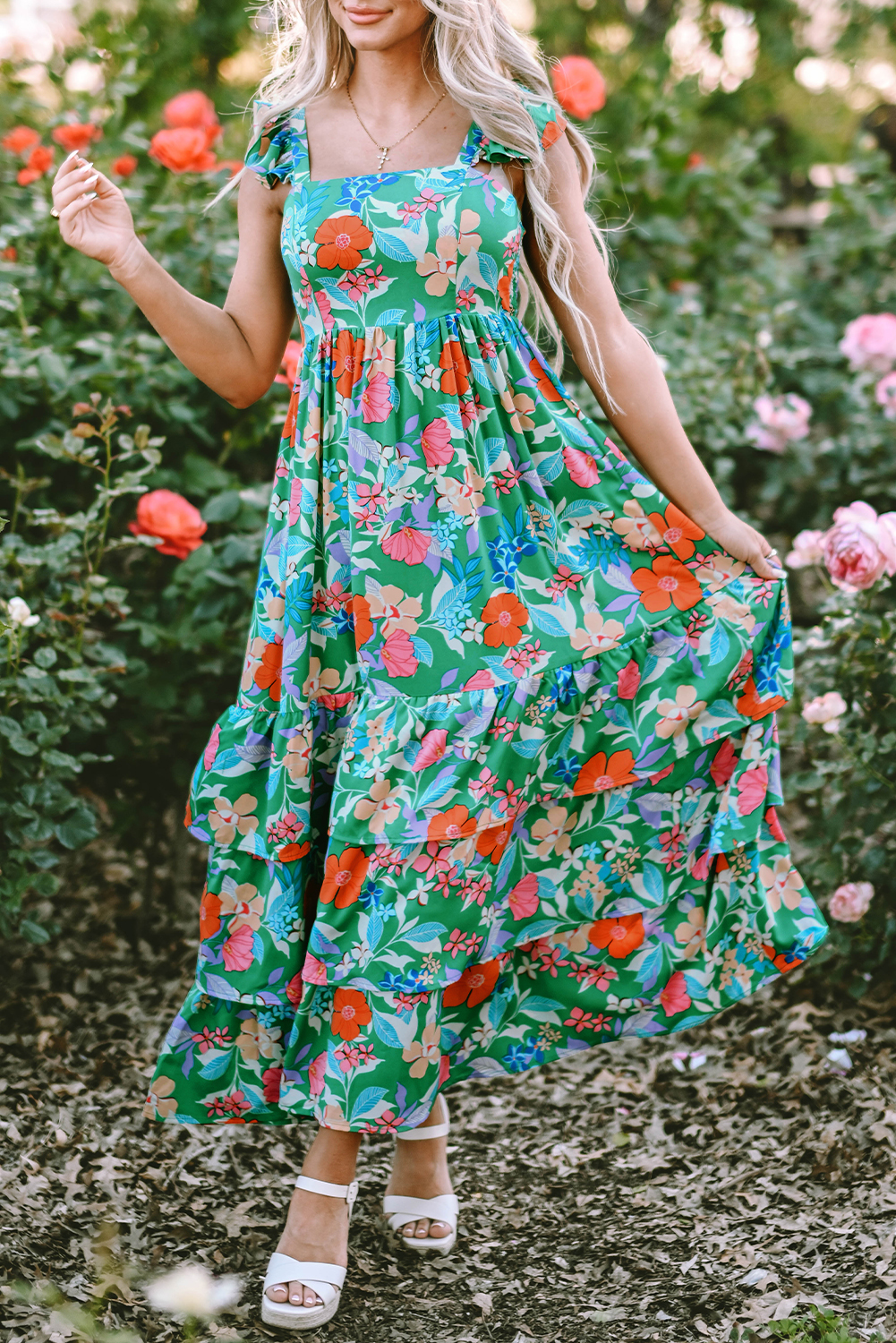 Green Floral Print Sleeveless Ruffle Tiered Maxi Dress view 16