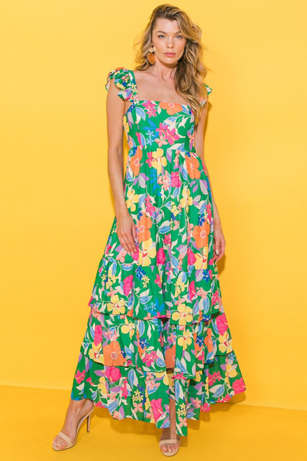 Green Floral Print Sleeveless Ruffle Tiered Maxi Dress view 13