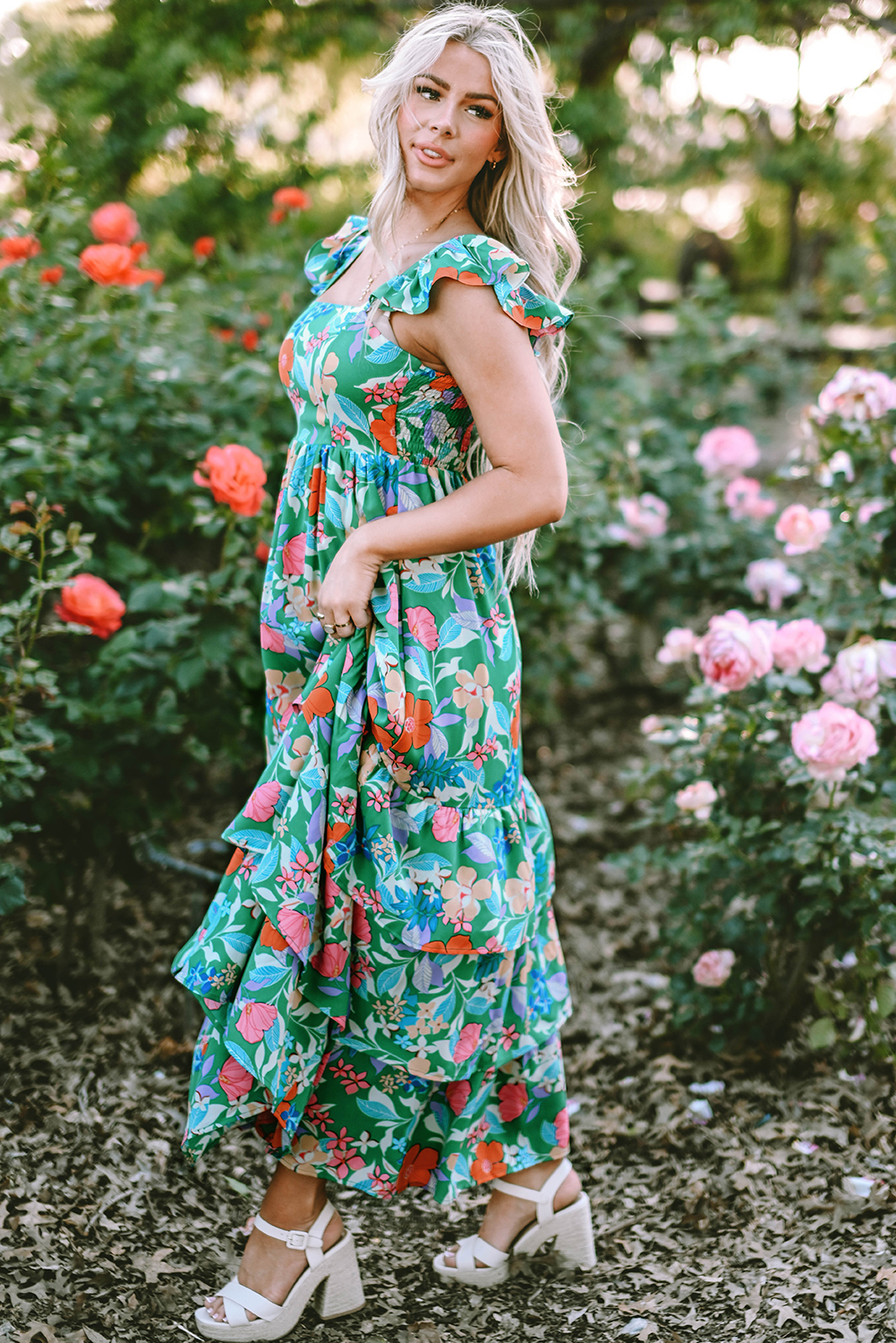 $ 22.32 - Green Floral Print Sleeveless Ruffle Tiered Maxi Dress - ds ...