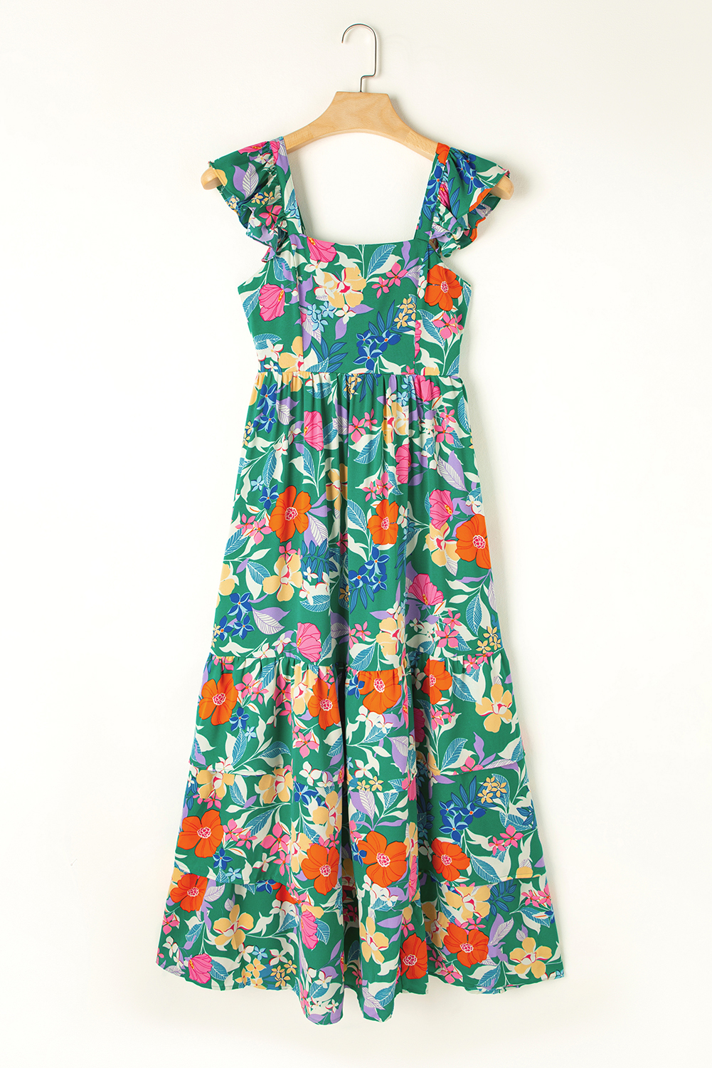Green Floral Print Sleeveless Ruffle Tiered Maxi Dress view 18