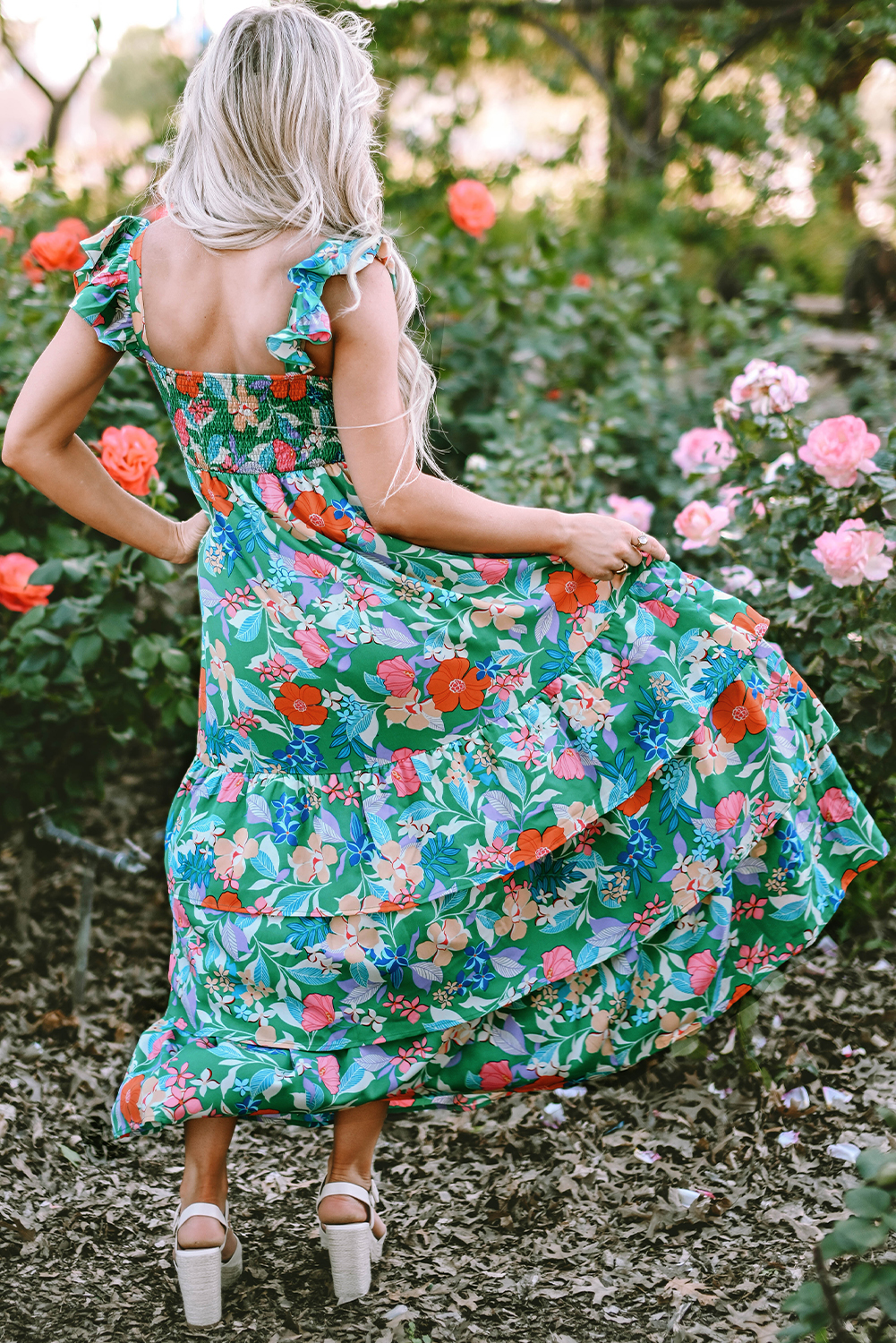 $ 22.32 - Green Floral Print Sleeveless Ruffle Tiered Maxi Dress - ds ...