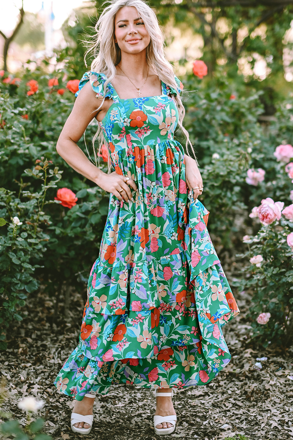 $ 22.32 - Green Floral Print Sleeveless Ruffle Tiered Maxi Dress - ds ...