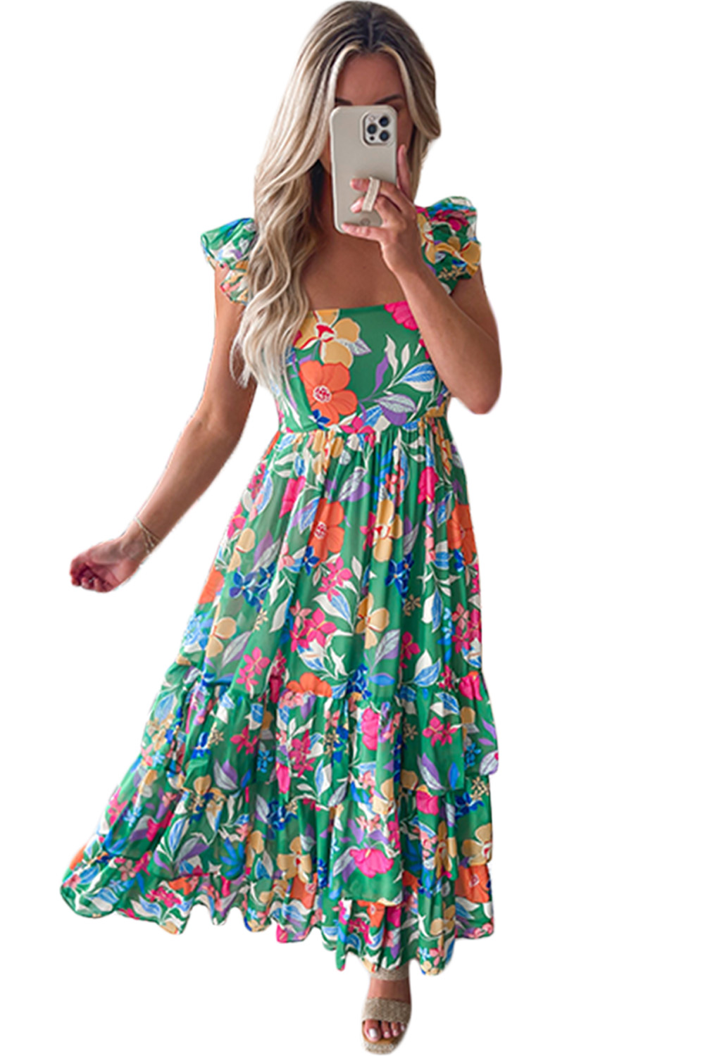 Green Floral Print Sleeveless Ruffle Tiered Maxi Dress view 26