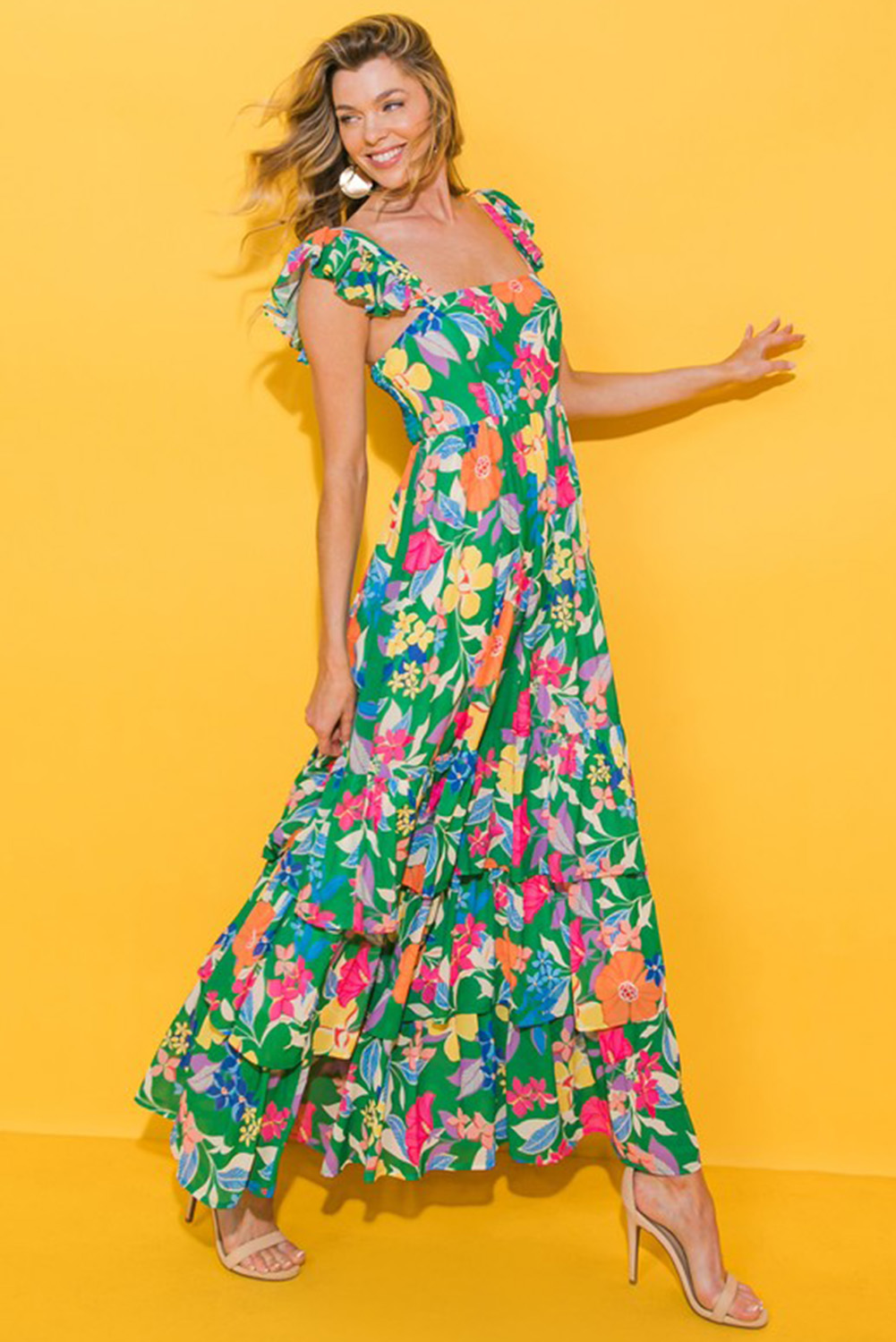 Green Floral Print Sleeveless Ruffle Tiered Maxi Dress view 12