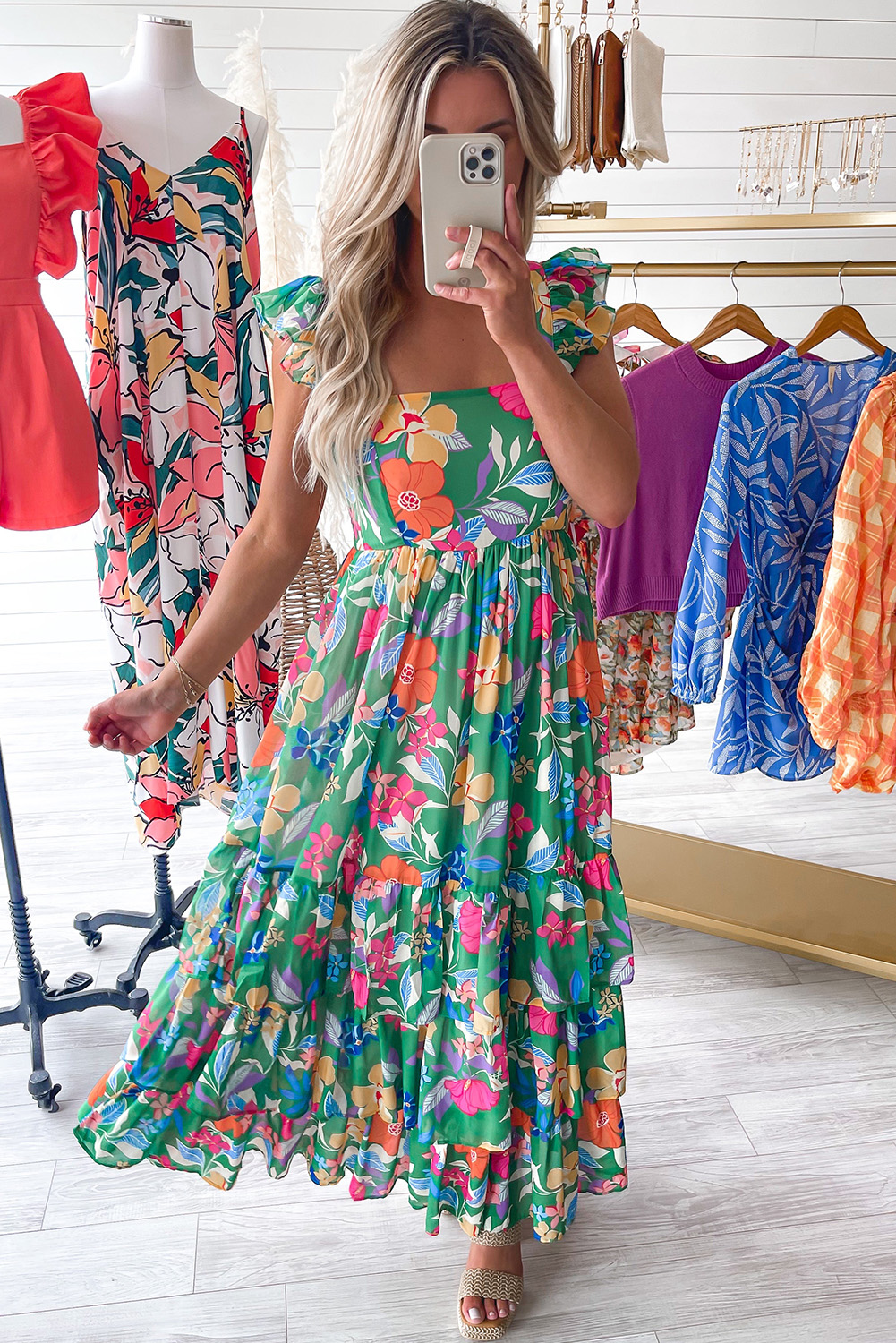 Green Floral Print Sleeveless Ruffle Tiered Maxi Dress view 14