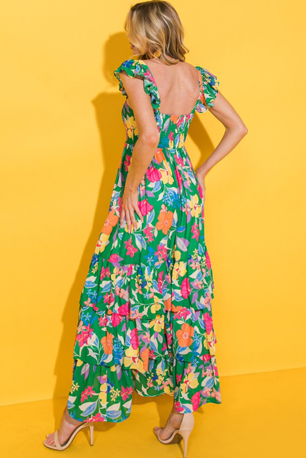 Green Floral Print Sleeveless Ruffle Tiered Maxi Dress view 9