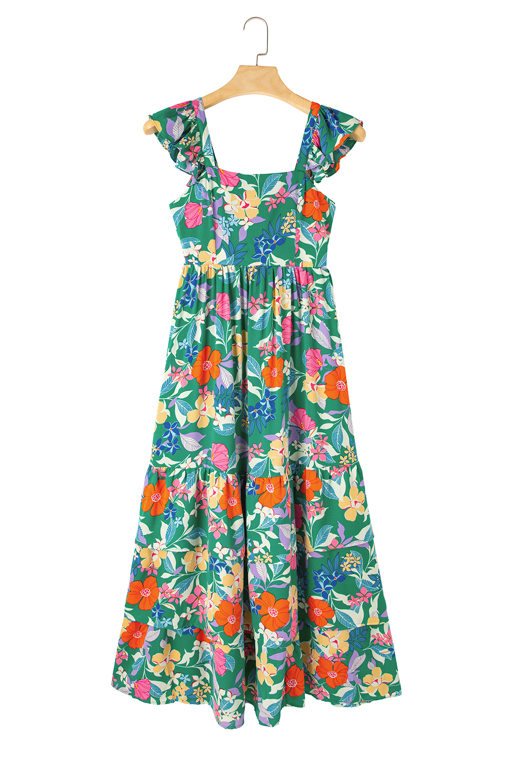 Green Floral Print Sleeveless Ruffle Tiered Maxi Dress view 20
