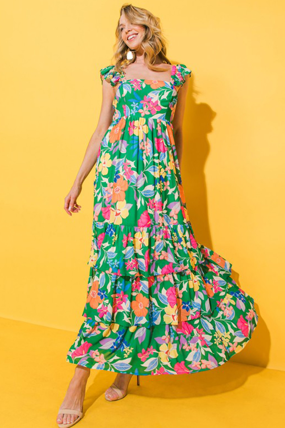 $ 22.32 - Green Floral Print Sleeveless Ruffle Tiered Maxi Dress - ds ...