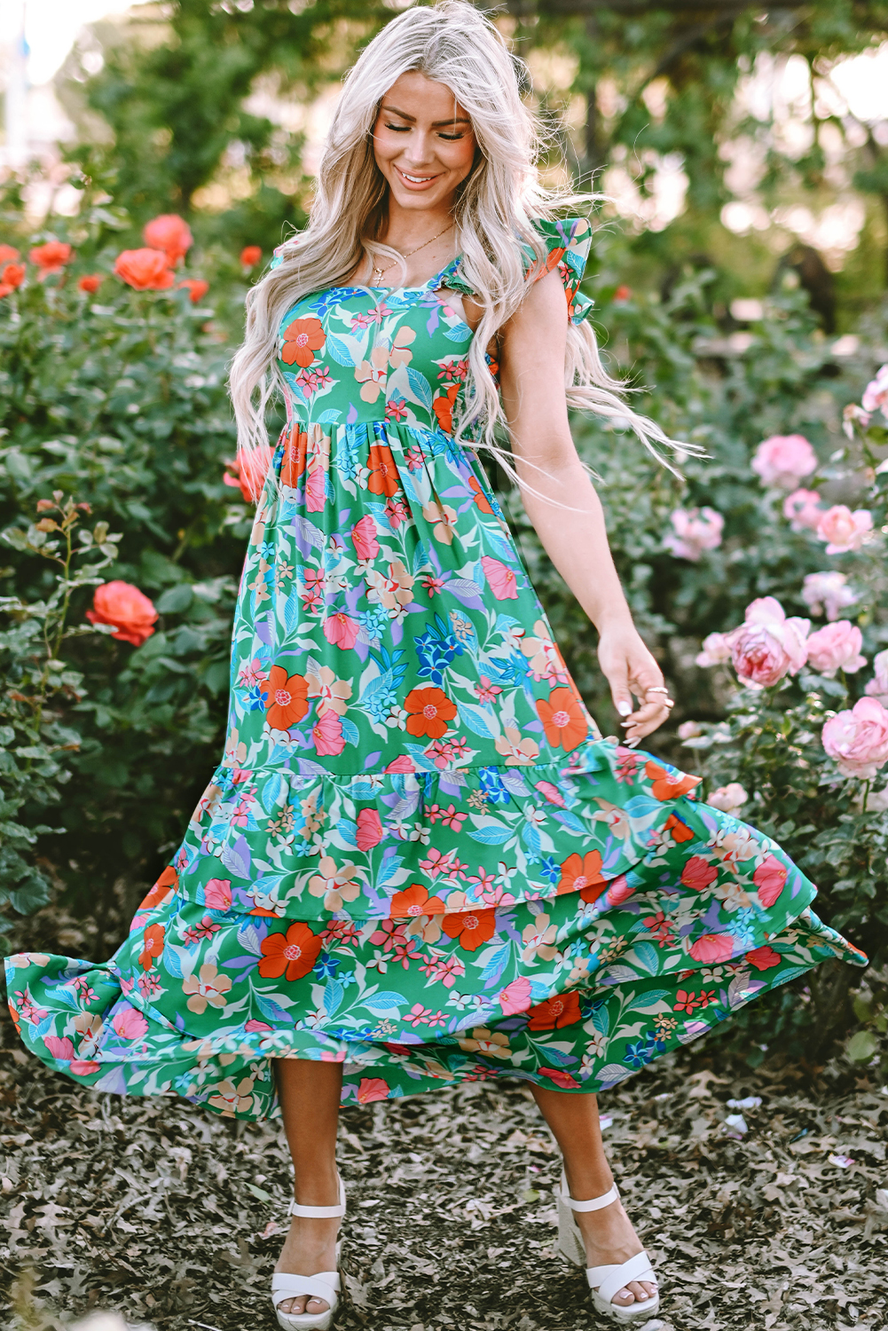 Green Floral Print Sleeveless Ruffle Tiered Maxi Dress view 6