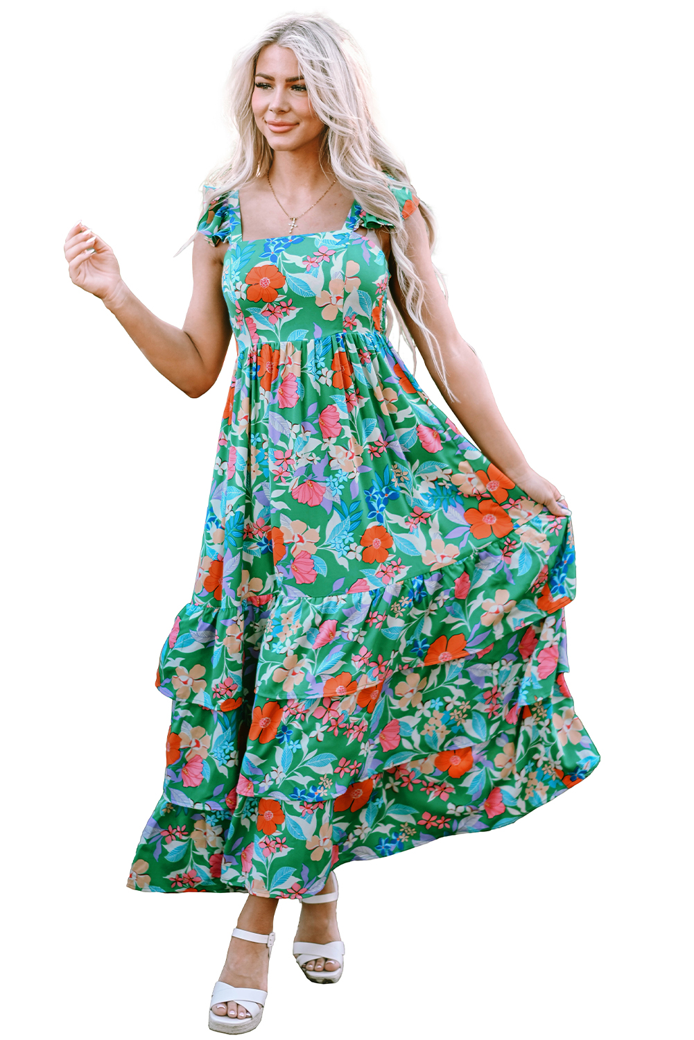 Green Floral Print Sleeveless Ruffle Tiered Maxi Dress view 27