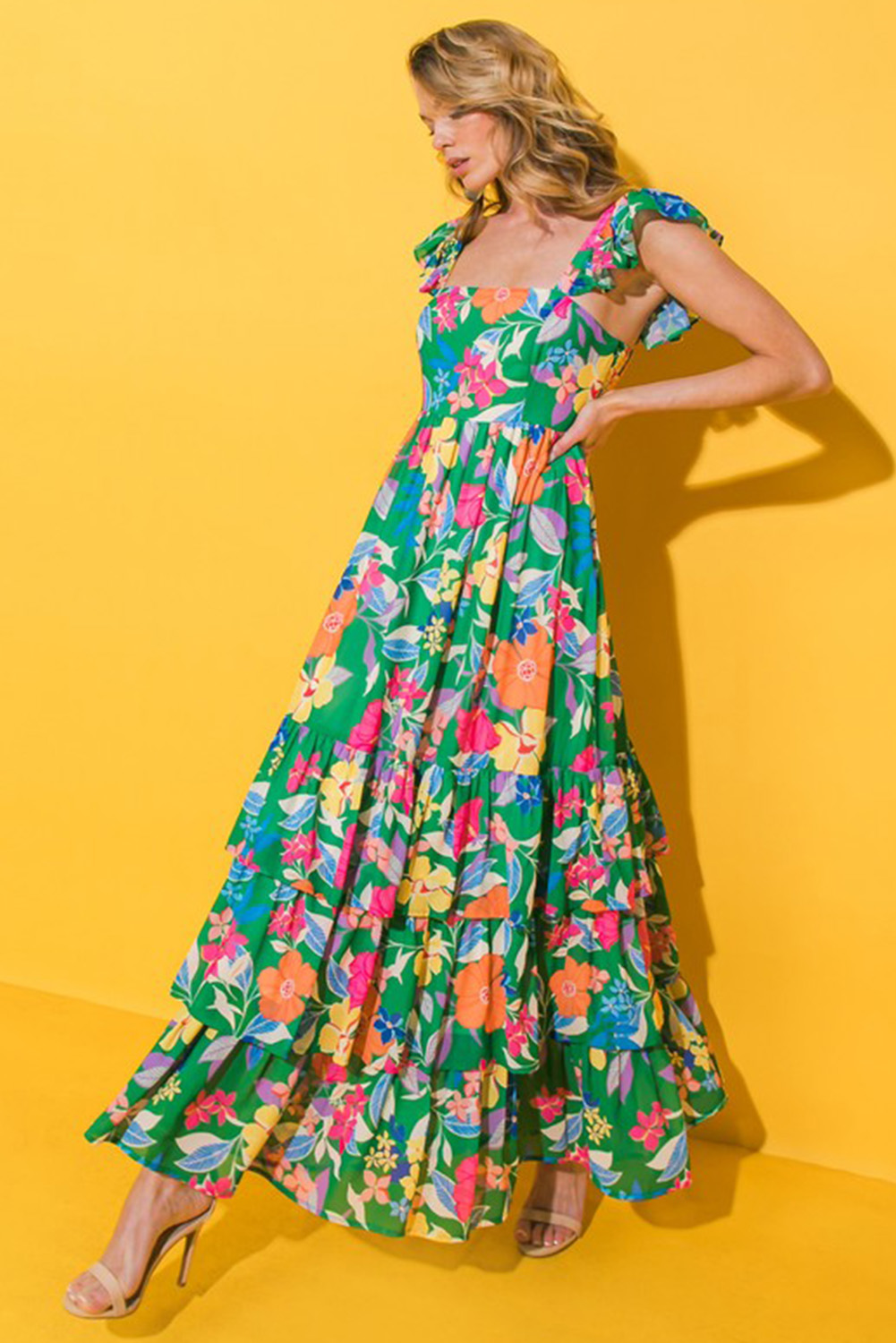 Green Floral Print Sleeveless Ruffle Tiered Maxi Dress view 11