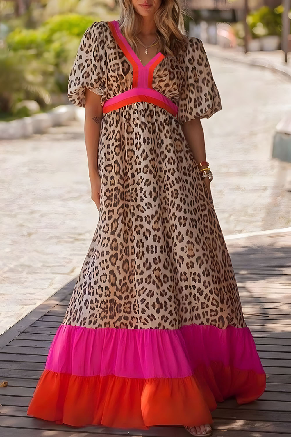 $ 21.51 - Bright Pink Leopard Colorblock Patchwork Bubble Sleeve Maxi ...