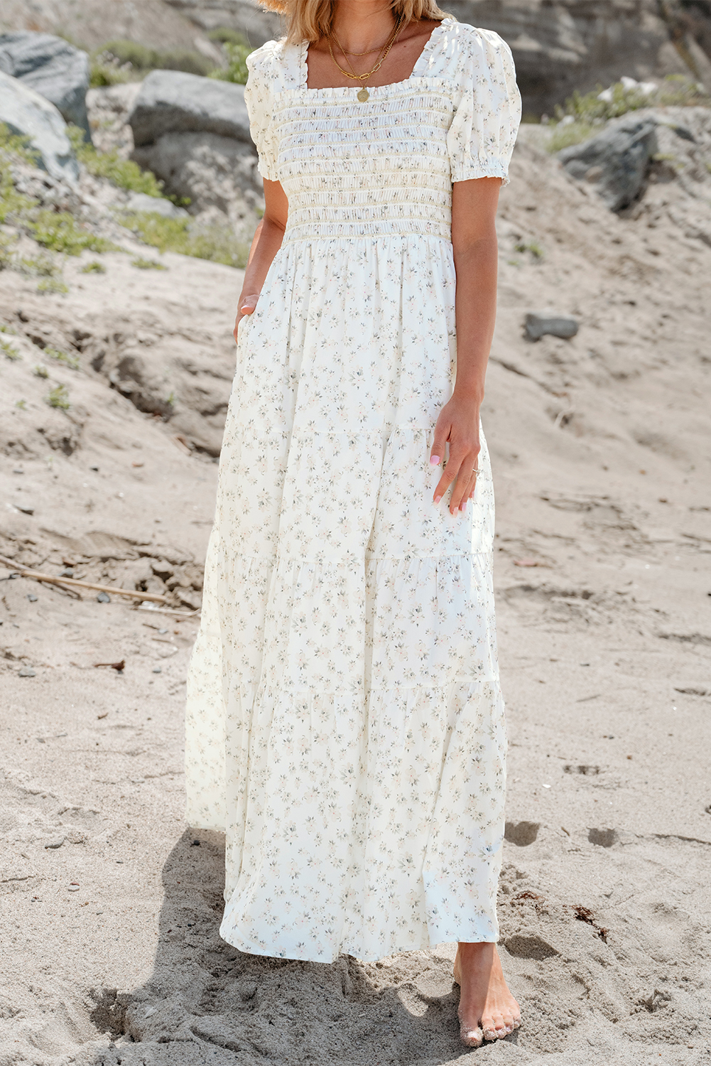 $ 23.75 - White Frilly Shirred Bodice Tiered Floral Maxi Dress - ds ...